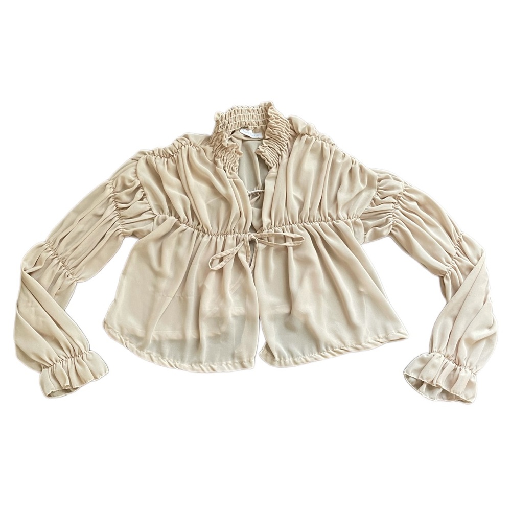 Italian Made Beige Sheer Ruched Tiered Blouse | Size Small / Medium